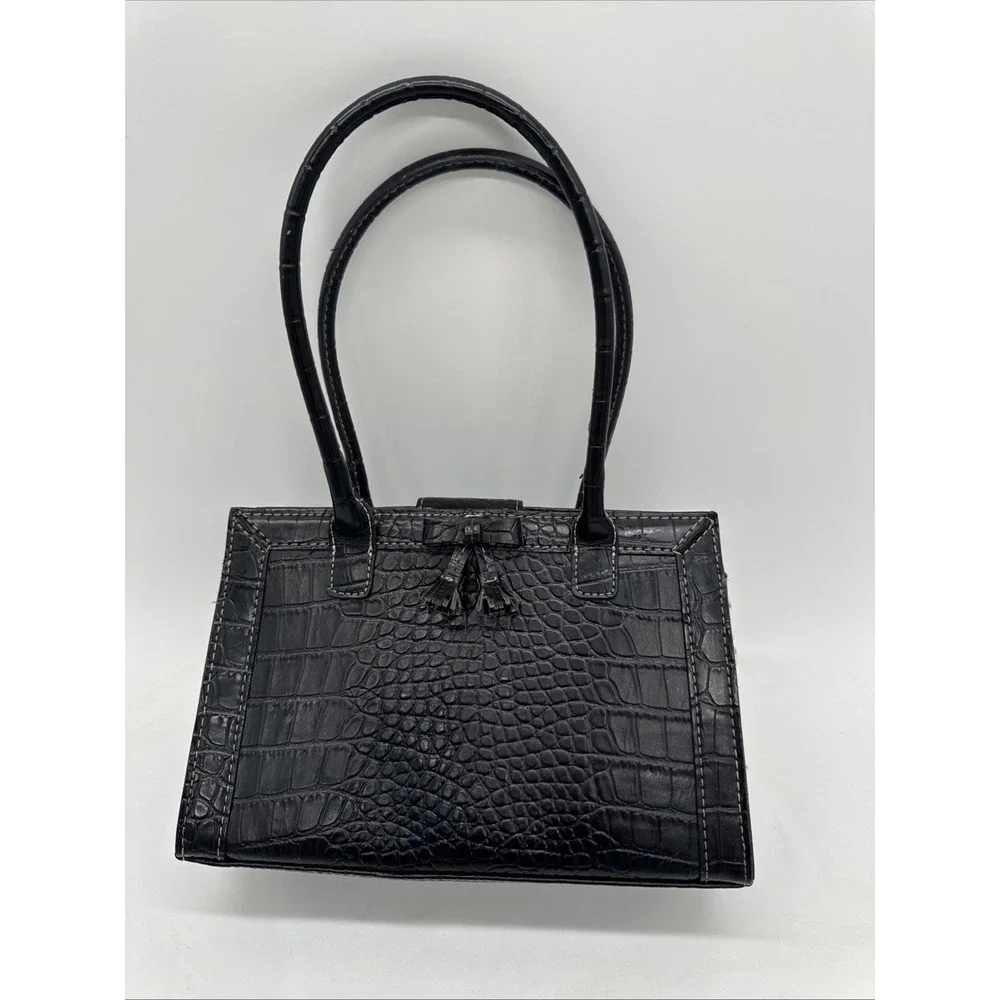 Vintage LIZ CLAIBORNE Black crocodile-embossed faux leather‎ handbag W/ Bow